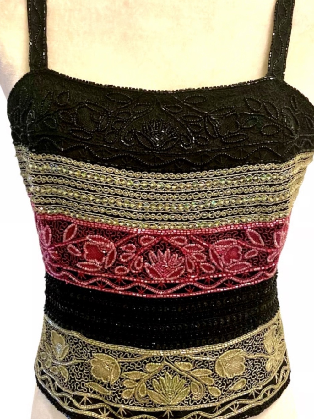 Laurence Kazar Black Camisole with Pink and Gold Embroidered Bands